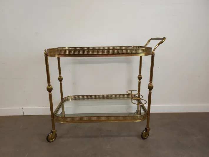 Pamono Vintage Glass and Brass Rolling Trolley, 1950s