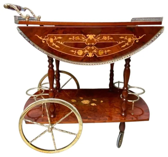 Pamono Vintage Hollywood Regency Italian Folding‑leaf Bar Cart in Wood & Brass, 1960s New