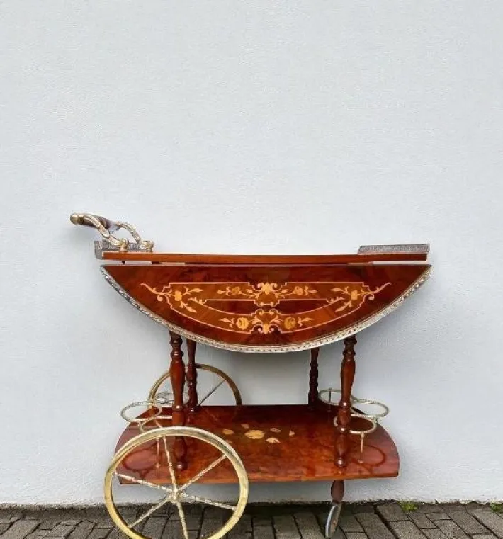 Pamono Vintage Hollywood Regency Italian Folding‑leaf Bar Cart in Wood & Brass, 1960s New