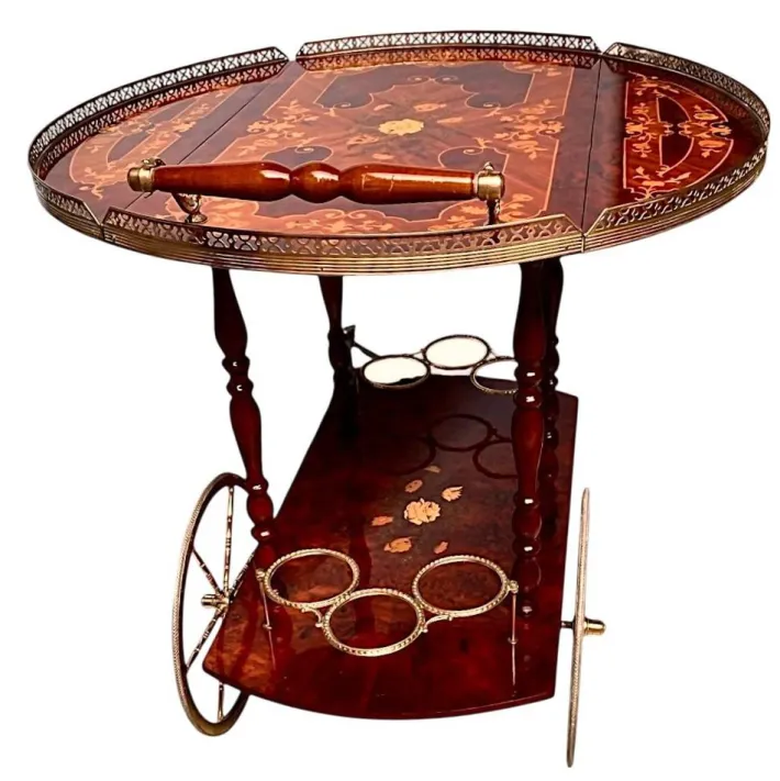 Pamono Vintage Hollywood Regency Italian Folding‑leaf Bar Cart in Wood & Brass, 1960s New