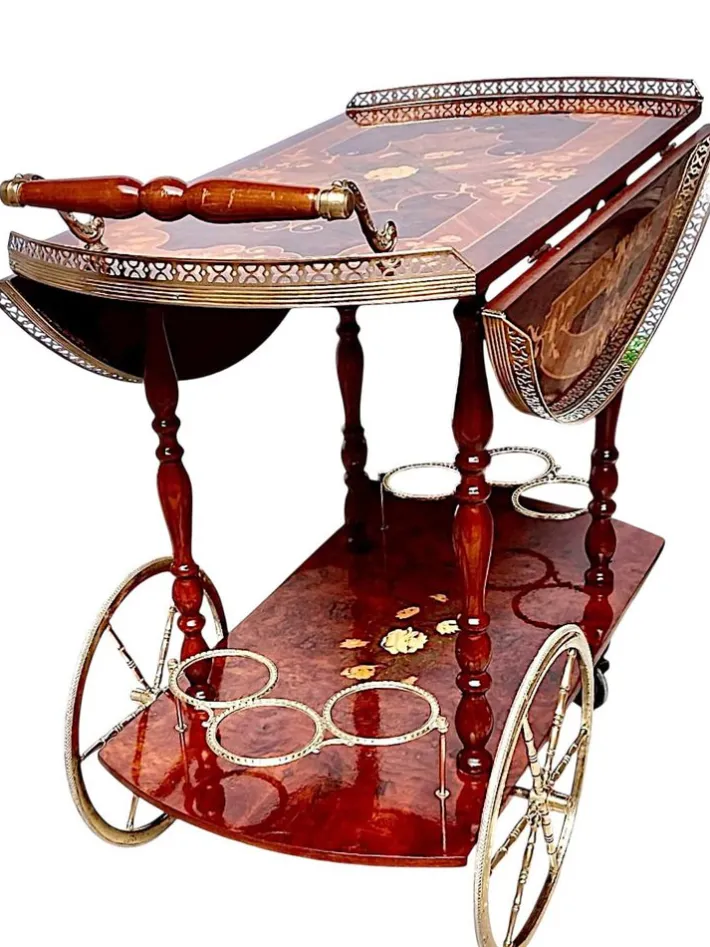 Pamono Vintage Hollywood Regency Italian Folding‑leaf Bar Cart in Wood & Brass, 1960s New