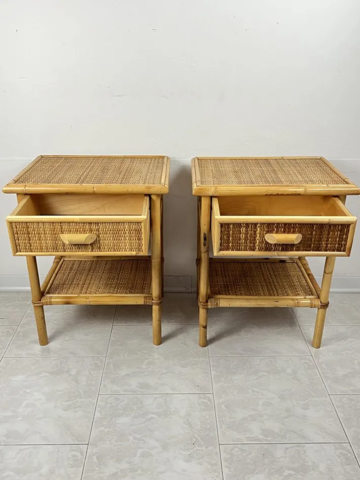 Pamono Vintage Italian Bedside Tables in Rattan and Bamboo, 1970s, Set of 2 Hot