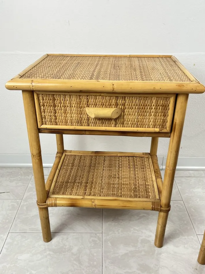 Pamono Vintage Italian Bedside Tables in Rattan and Bamboo, 1970s, Set of 2 Hot