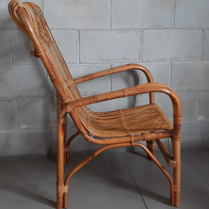 Pamono Vintage Italian Rattan and Curved Bamboo Armchair, 1960