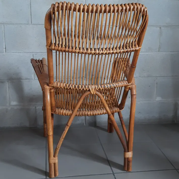 Pamono Vintage Italian Rattan and Curved Bamboo Armchair, 1960