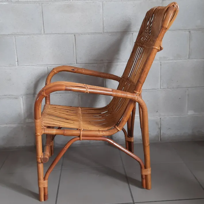 Pamono Vintage Italian Rattan and Curved Bamboo Armchair, 1960