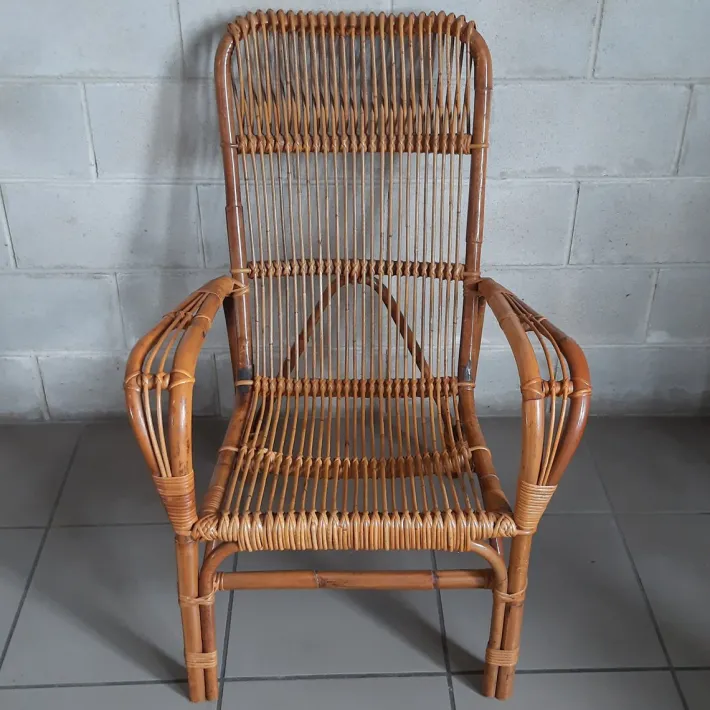 Pamono Vintage Italian Rattan and Curved Bamboo Armchair, 1960