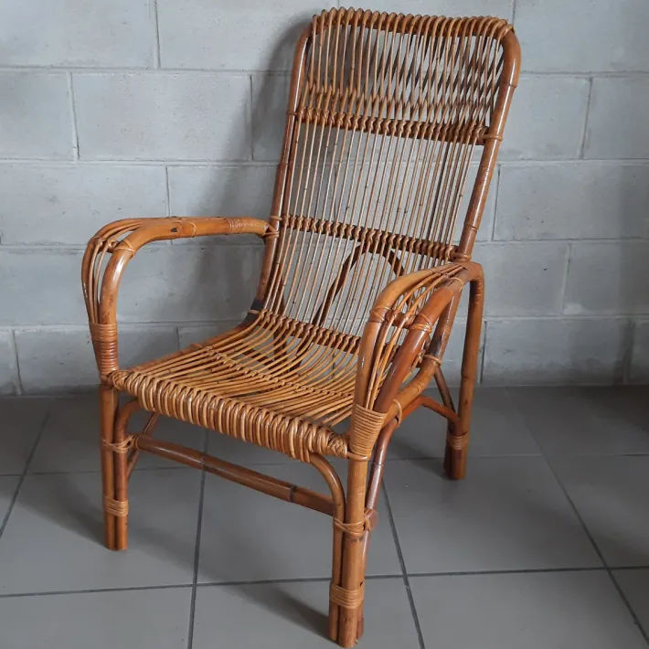 Pamono Vintage Italian Rattan and Curved Bamboo Armchair, 1960