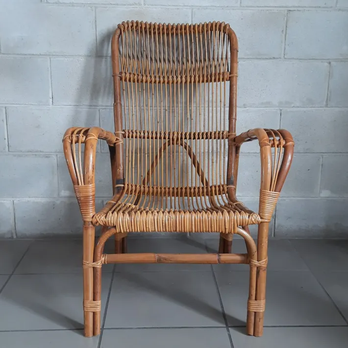 Pamono Vintage Italian Rattan and Curved Bamboo Armchair, 1960