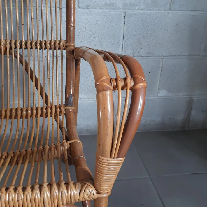 Pamono Vintage Italian Rattan and Curved Bamboo Armchair, 1960