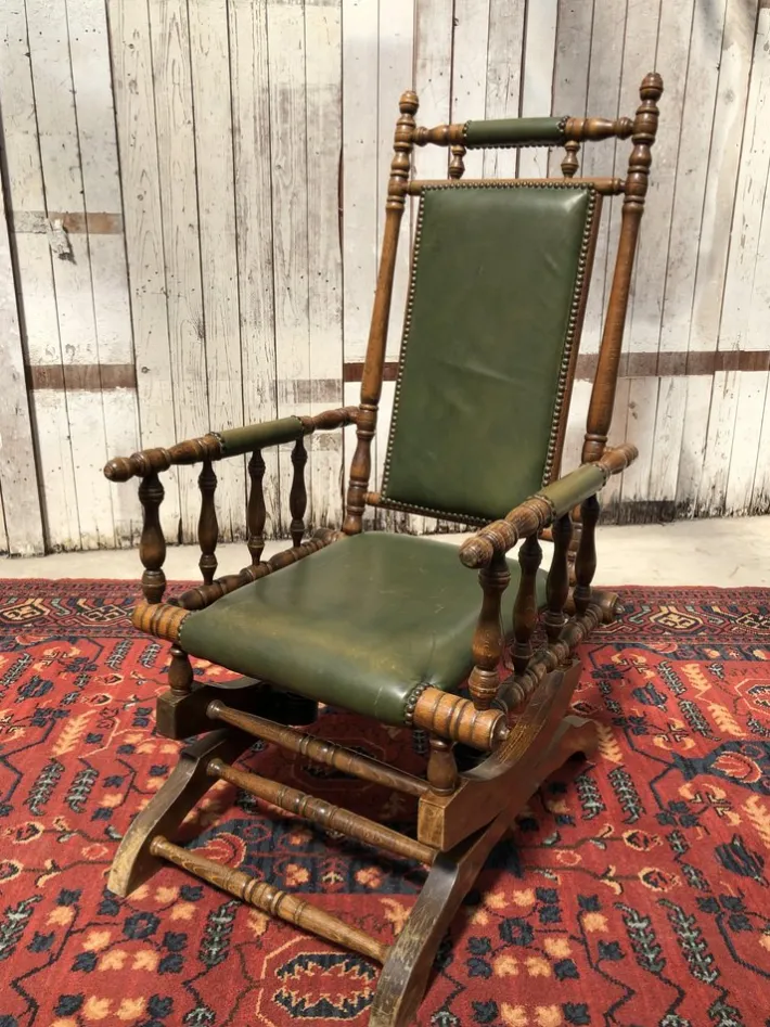 Pamono Vintage Leather Rocking Chair in Dark Green