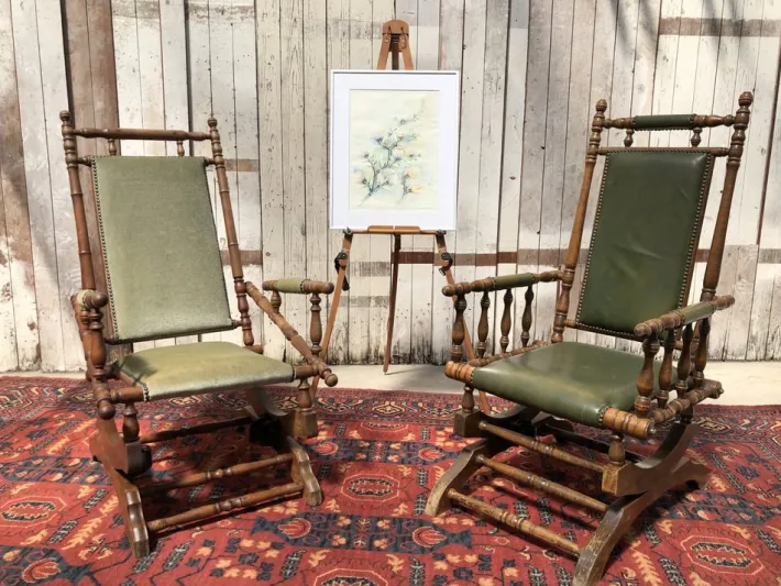 Pamono Vintage Leather Rocking Chair in Dark Green