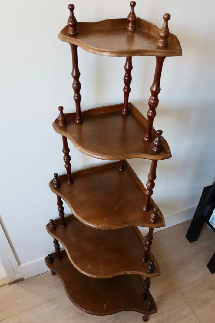 Pamono Vintage 5-Level Corner Shelf in Turned Wood