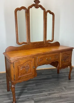 Pamono Vintage Louis French Dressing Table with Mirror in Oak Sale