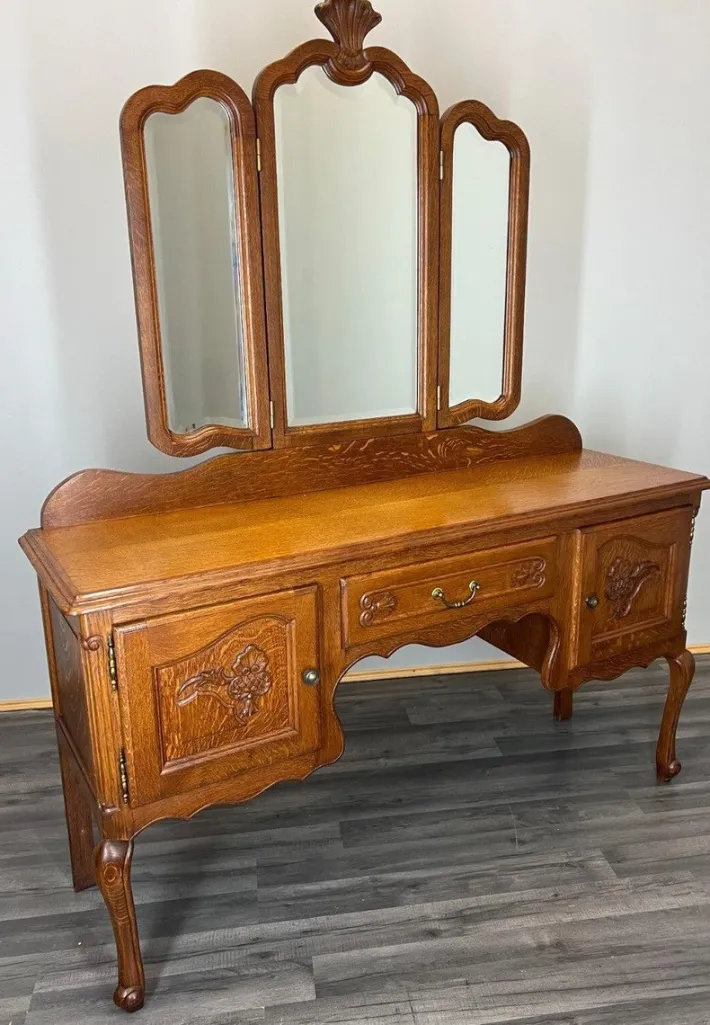 Pamono Vintage Louis French Dressing Table with Mirror in Oak Sale