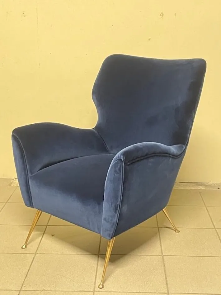 Pamono Vintage Lounge Chair in Blue Velvet, 1950s New