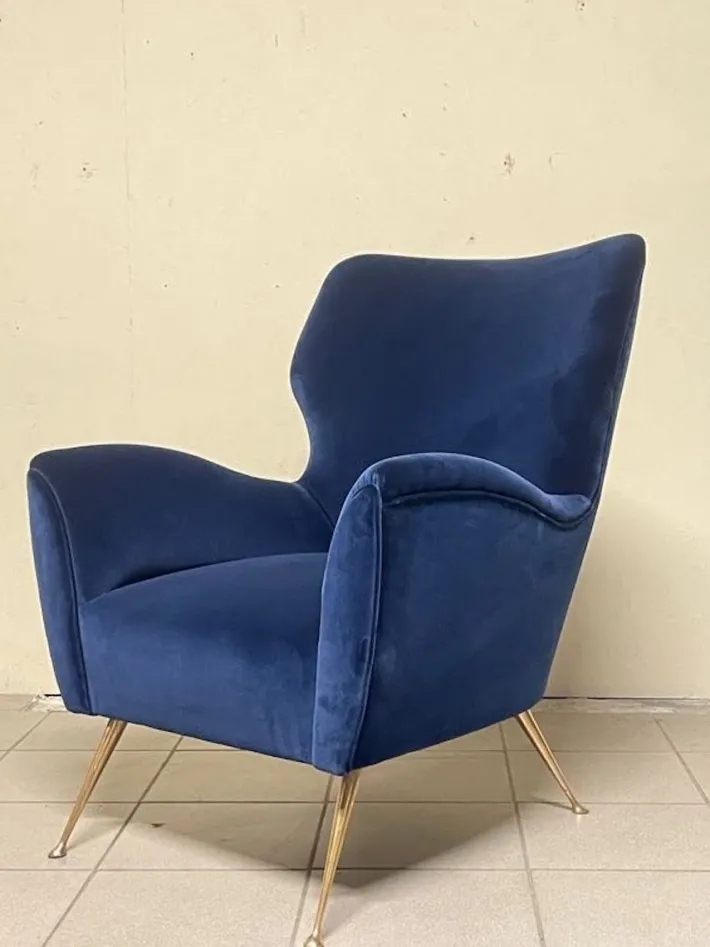 Pamono Vintage Lounge Chair in Blue Velvet, 1950s New