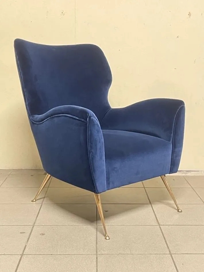 Pamono Vintage Lounge Chair in Blue Velvet, 1950s New