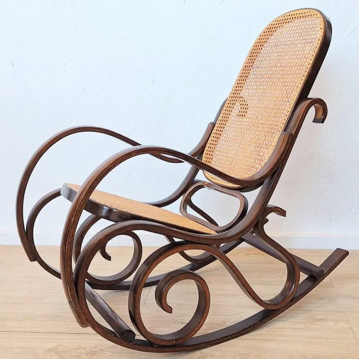 Pamono Vintage Rattan Rocking Chair in the style of Thonet, 1970s