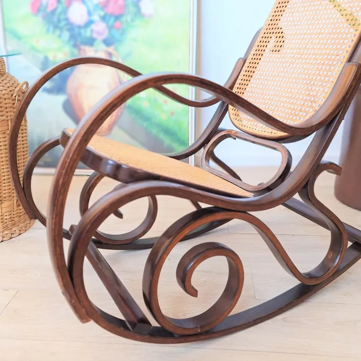 Pamono Vintage Rattan Rocking Chair in the style of Thonet, 1970s