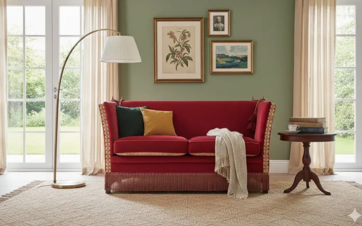 Pamono Vintage Red Velvet Knole Sofa with Floral Cushions, 1950s Hot