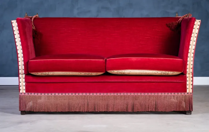 Pamono Vintage Red Velvet Knole Sofa with Floral Cushions, 1950s Hot