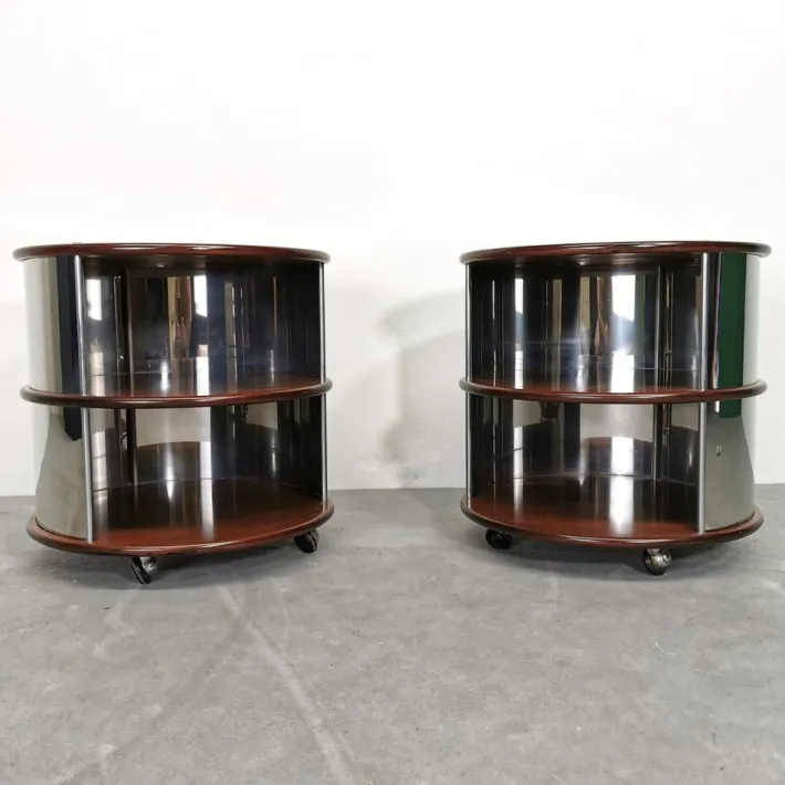 Pamono Vintage Round Bedside Tables in Walnut and Steel, 1970s, Set of 2 Sale