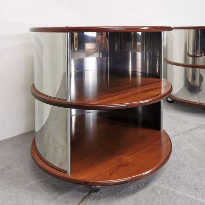 Pamono Vintage Round Bedside Tables in Walnut and Steel, 1970s, Set of 2 Sale