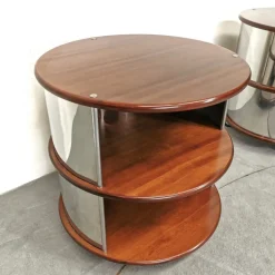 Pamono Vintage Round Bedside Tables in Walnut and Steel, 1970s, Set of 2 Sale