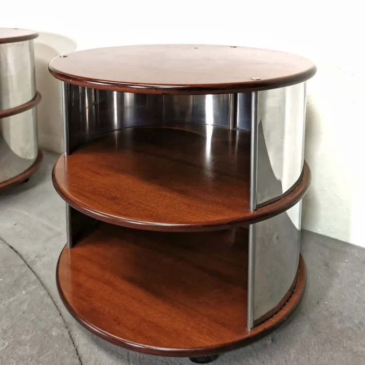 Pamono Vintage Round Bedside Tables in Walnut and Steel, 1970s, Set of 2 Sale