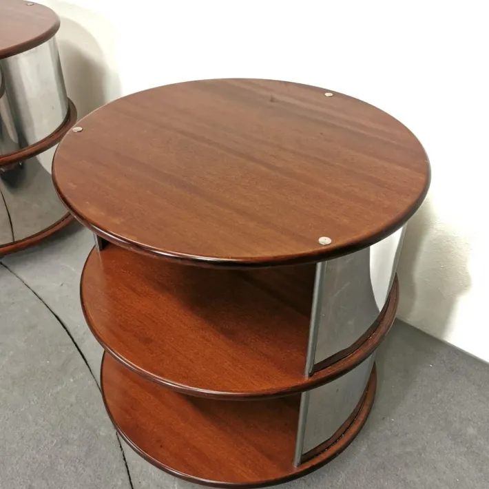 Pamono Vintage Round Bedside Tables in Walnut and Steel, 1970s, Set of 2 Sale