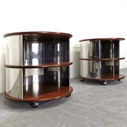 Pamono Vintage Round Bedside Tables in Walnut and Steel, 1970s, Set of 2 Sale