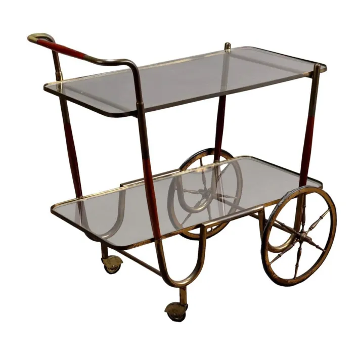 Pamono Vintage Service Trolley in Wood, Brass & Glass, Italy, 1950s