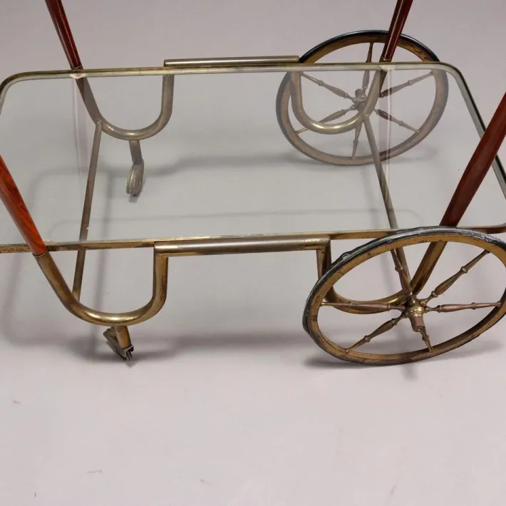 Pamono Vintage Service Trolley in Wood, Brass & Glass, Italy, 1950s