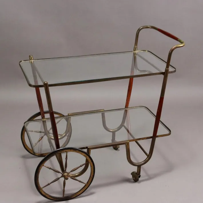 Pamono Vintage Service Trolley in Wood, Brass & Glass, Italy, 1950s