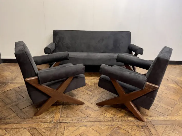 Pamono Vintage Sofa and Armchairs by Pierre Jeanneret, 1956, Set of 3 Hot