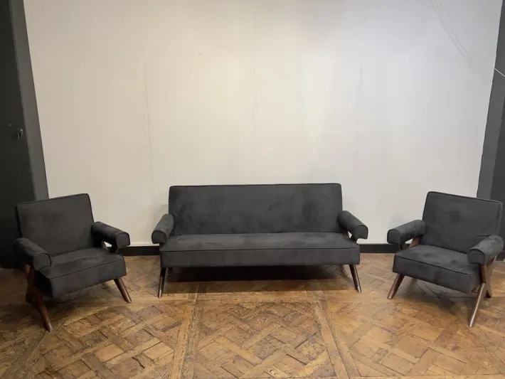 Pamono Vintage Sofa and Armchairs by Pierre Jeanneret, 1956, Set of 3 Hot