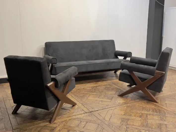 Pamono Vintage Sofa and Armchairs by Pierre Jeanneret, 1956, Set of 3 Hot