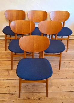 Pamono Vintage Teak Dining Chairs with Navy Blue Covers, 1960s, Set of 6 Clearance