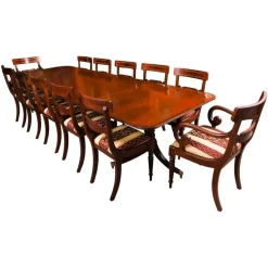 Pamono Vintage Twin Pillar Mahogany Dining Table and Chairs, Set of 13 Clearance