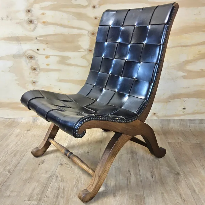 Pamono Vintage Valenti Slipper Chair in Woven Leather by Pierre Lottier for Valenti Luce, Spain, 1950s New