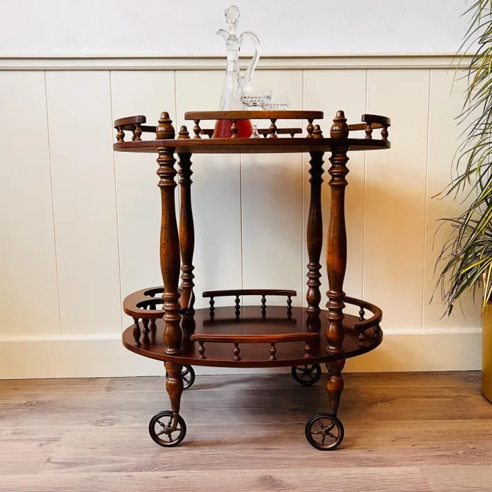 Pamono Vintage Wooden Carved Serving Trolley on Wheels, 1960s