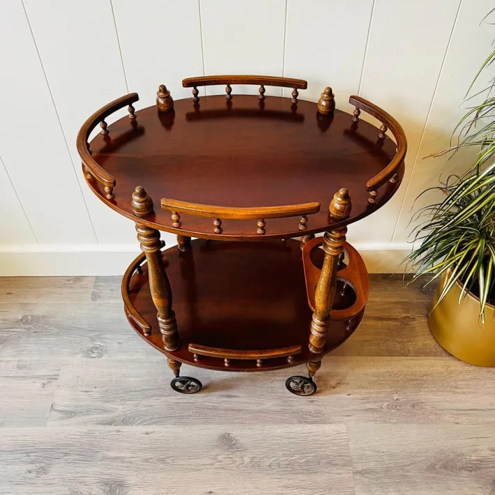 Pamono Vintage Wooden Carved Serving Trolley on Wheels, 1960s