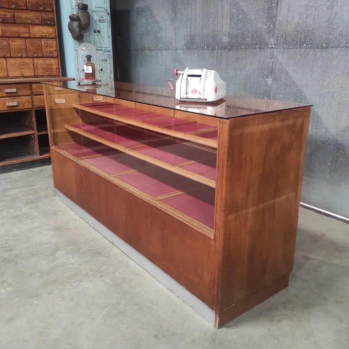 Pamono Vintage Wooden Haberdashery Display Counter with 20 Drawers and Glass Top Best