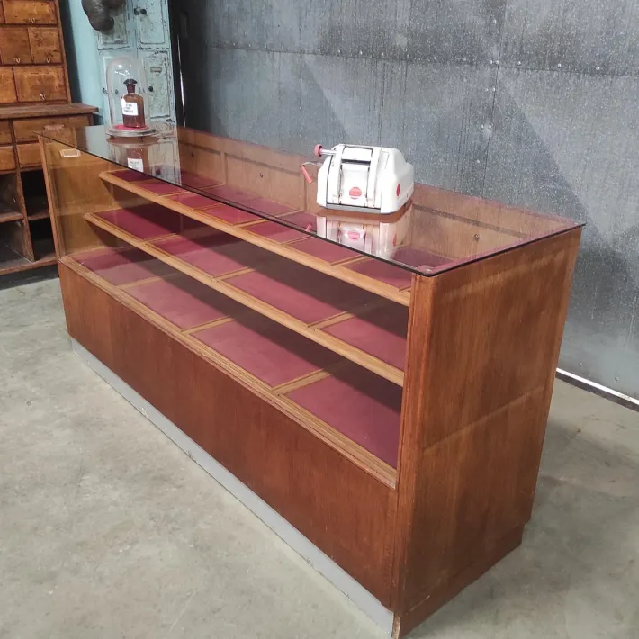 Pamono Vintage Wooden Haberdashery Display Counter with 20 Drawers and Glass Top Best