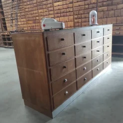 Pamono Vintage Wooden Haberdashery Display Counter with 20 Drawers and Glass Top Best