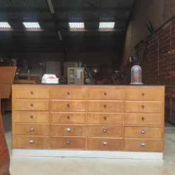 Pamono Vintage Wooden Haberdashery Display Counter with 20 Drawers and Glass Top Best