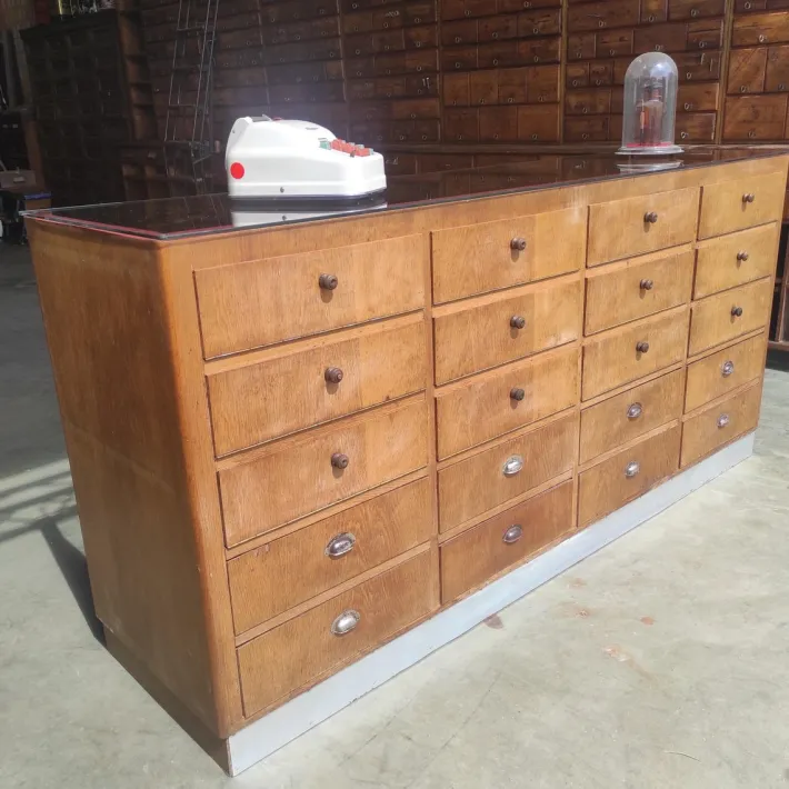 Pamono Vintage Wooden Haberdashery Display Counter with 20 Drawers and Glass Top Best