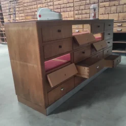 Pamono Vintage Wooden Haberdashery Display Counter with 20 Drawers and Glass Top Best