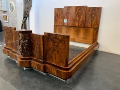 Pamono Walnut Bed and Nightstands with Cherub Carvings by Ducrot, 1920s, Set of 3